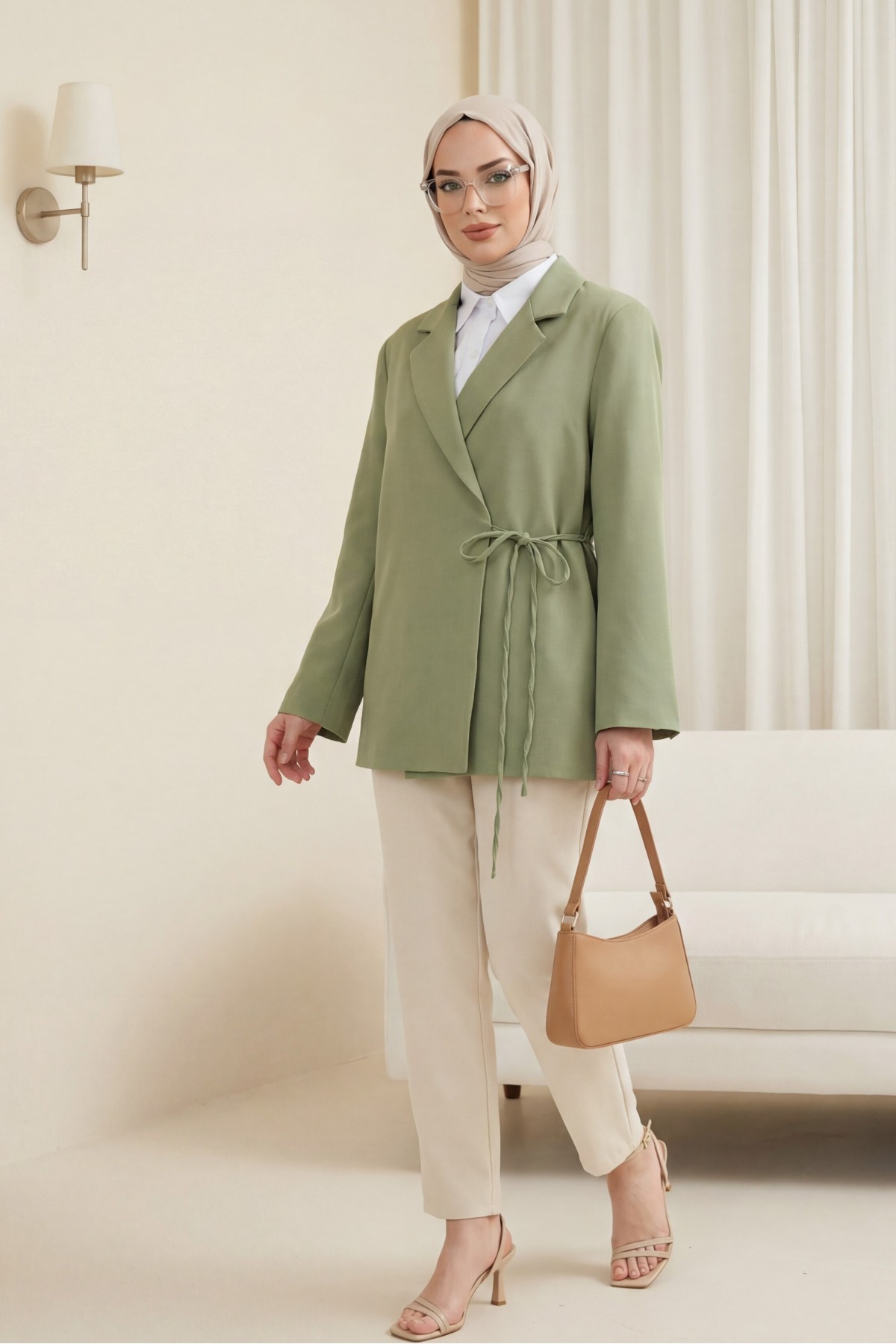 Side-lace, back slit, lined double crepe jacket. -Cagla Green