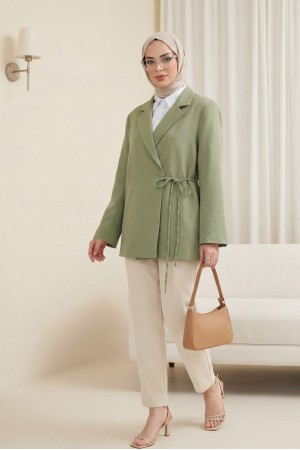Yandan Bağcıklı Arkası Yırtmaçlı Astarlı Double Krep Ceket -Çağla Y.