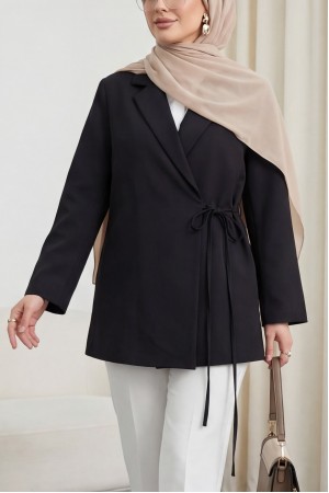 Yandan Bağcıklı Arkası Yırtmaçlı Astarlı Double Krep Ceket  -Siyah