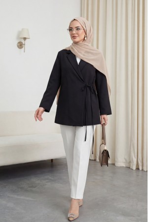 Yandan Bağcıklı Arkası Yırtmaçlı Astarlı Double Krep Ceket  -Siyah