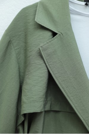 Beli Kemerli Cepli Kolu Apoletli Bolerolu Pes Kumaş Trençkot -Haki