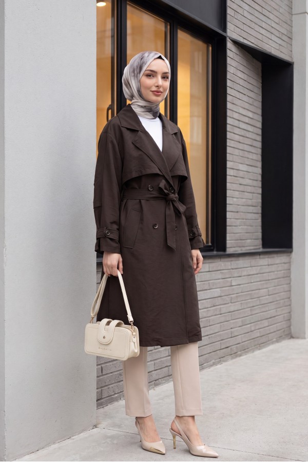 Trench coat made of polyester fabric with belt, pockets, and epauletted sleeves. -Dark Coffee