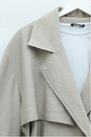 Beli Kemerli Cepli Kolu Apoletli Bolerolu Pes Kumaş Trençkot -Taş