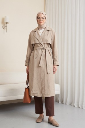 Beli Kemerli Cepli Kolu Apoletli Bolerolu Pes Kumaş Trençkot -Taş