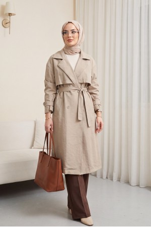 Beli Kemerli Cepli Kolu Apoletli Bolerolu Pes Kumaş Trençkot -Taş