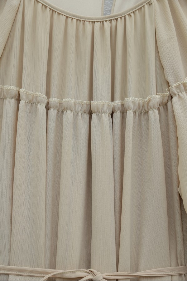 Round Neck, Balloon Sleeve, Lined Chiffon Dress - Beige