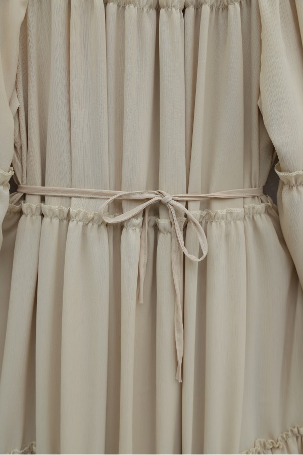 Round Neck, Balloon Sleeve, Lined Chiffon Dress - Beige