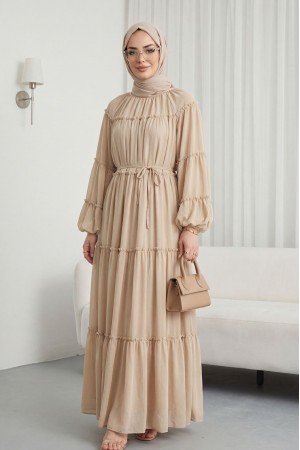 فستان شيفون مبطن بياقة دائرية وأكمام واسعة -اللون البيج