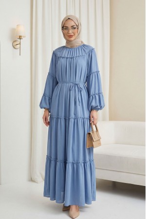 فستان شيفون مبطن بياقة دائرية وأكمام واسعة -أزرق