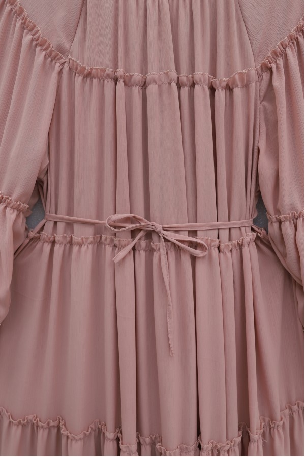 Round Neck, Balloon Sleeve, Lined Chiffon Dress -Powder