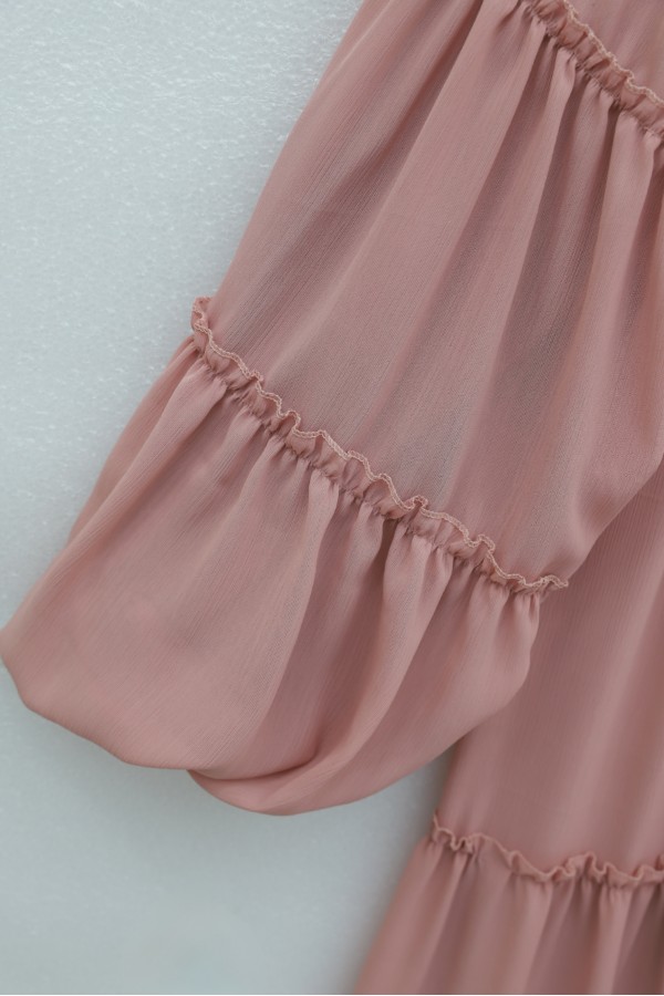 Round Neck, Balloon Sleeve, Lined Chiffon Dress -Powder