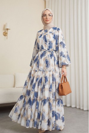 فستان شيفون منقوش، برباط، مبطن، ومقسم إلى أجزاء -اللون النيلي