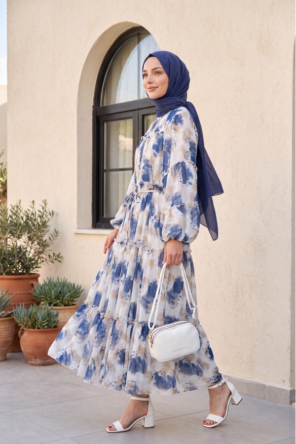 Patterned, Lace-Up, Lined, Panelled Chiffon Dress -İndigo