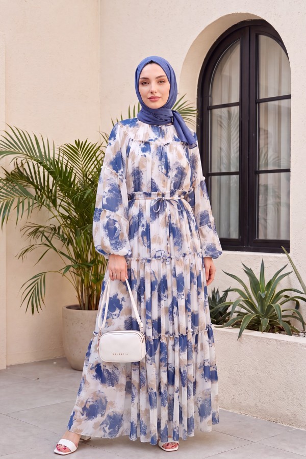 Patterned, Lace-Up, Lined, Panelled Chiffon Dress -İndigo