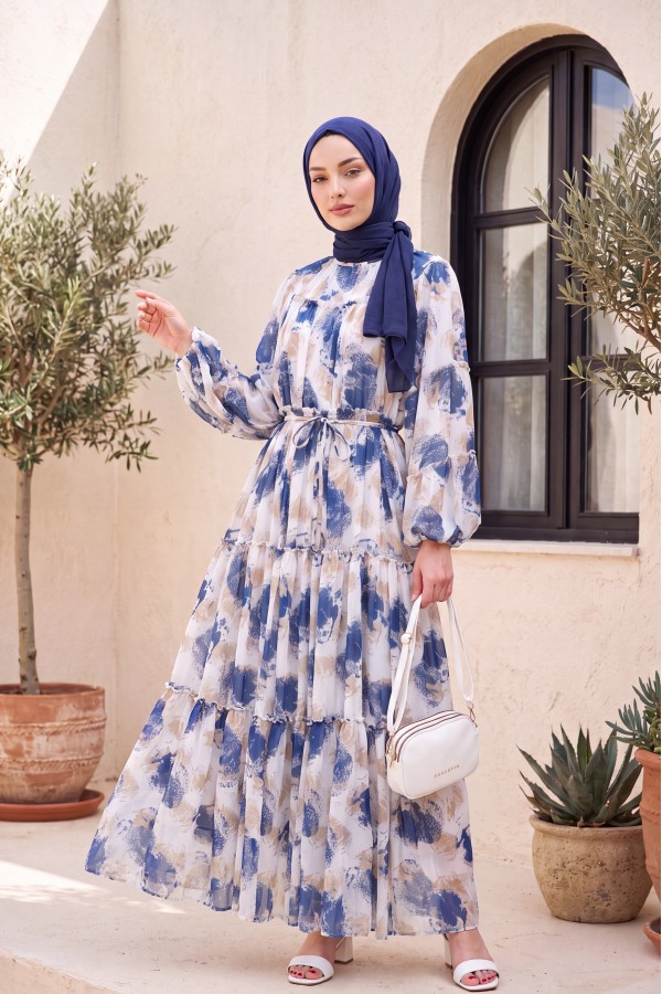 Patterned, Lace-Up, Lined, Panelled Chiffon Dress -İndigo