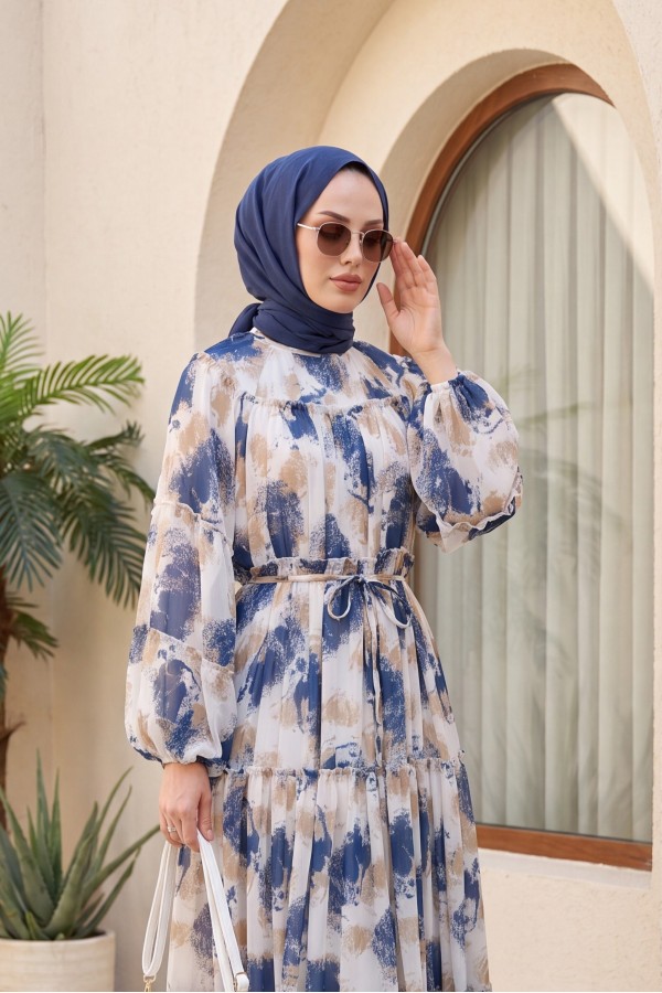 Patterned, Lace-Up, Lined, Panelled Chiffon Dress -İndigo