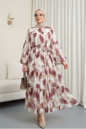 فستان شيفون منقوش، برباط، مبطن، ومقسم إلى أجزاء -لون الخوخ