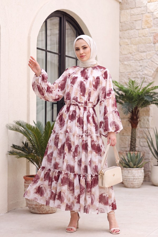 Patterned, Lace-Up, Lined, Panelled Chiffon Dress -Damson