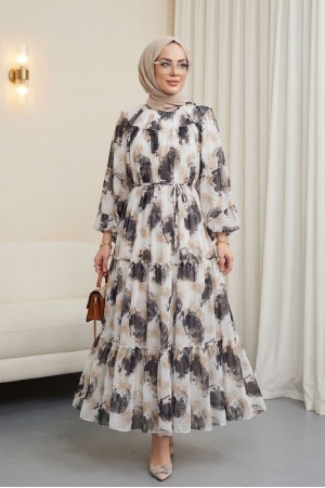 فستان شيفون منقوش، برباط، مبطن، ومقسم إلى أجزاء -أسود