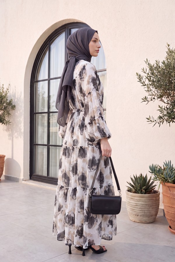Patterned, Lace-Up, Lined, Panelled Chiffon Dress -Black