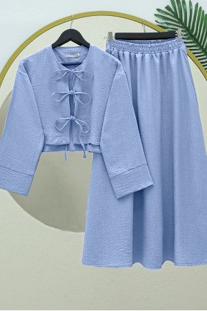 Önü Bağcıklı Beli Lastikli Etekli Keten Takım -Açık Mavi