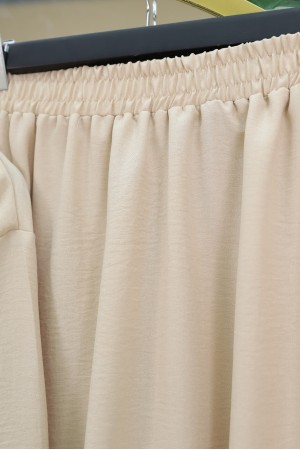 Önü Bağcıklı Beli Lastikli Etekli Keten Takım -Bej