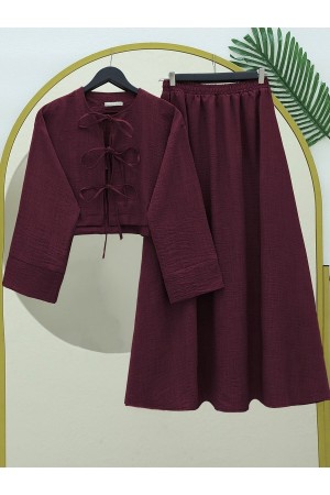 Linen Suit with Elastic Waist and Lace  -Maroon
