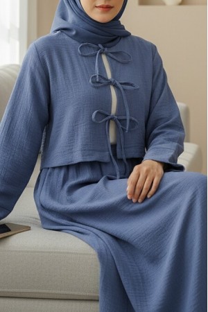 Önü Bağcıklı Beli Lastikli Etekli Keten Takım   -Mavi