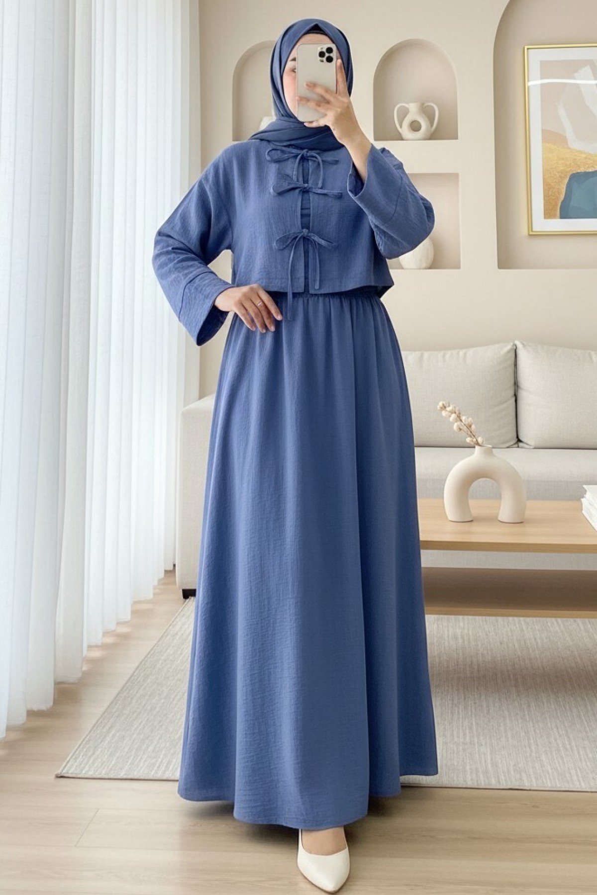 Linen Suit with Elastic Waist and Lace  -Blue