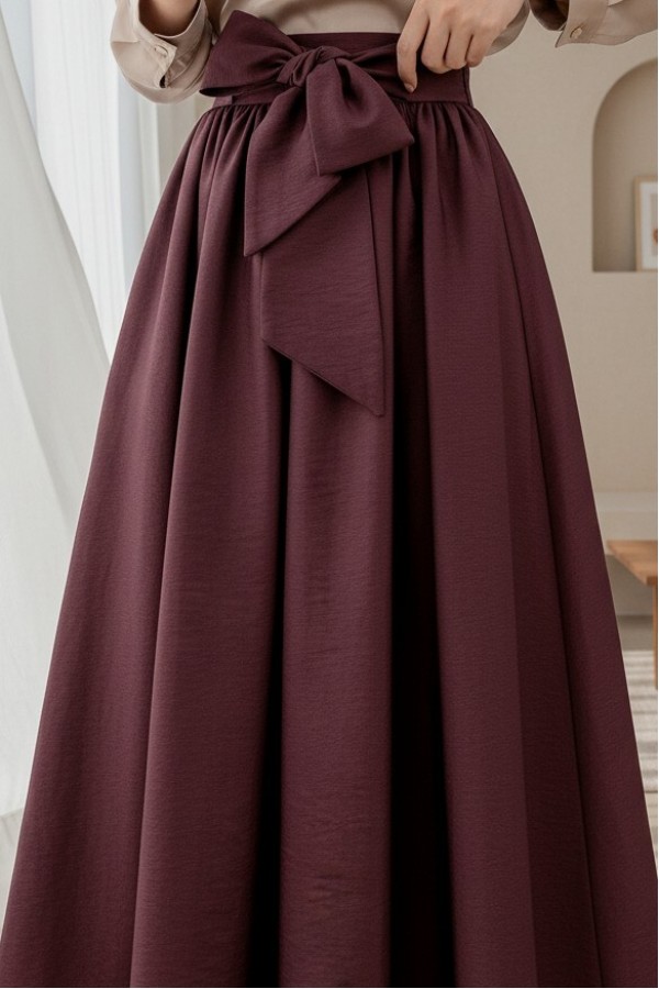 Pleated Belted Parachute Skirt   -Maroon