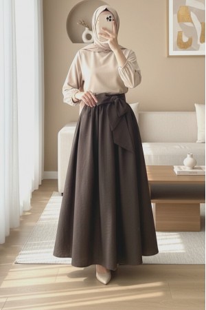 Piliseli Kemerli Paraşüt Etek   -K. Kahve