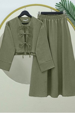 بدلة كتان بخصر مطاطي وتنورة برباط    -خاكي