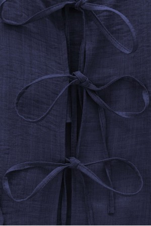 Önü Bağcıklı Beli Lastikli Etekli Keten Takım     -Laci