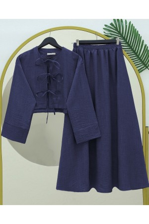 Önü Bağcıklı Beli Lastikli Etekli Keten Takım     -Laci