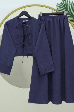 Önü Bağcıklı Beli Lastikli Etekli Keten Takım     -Laci