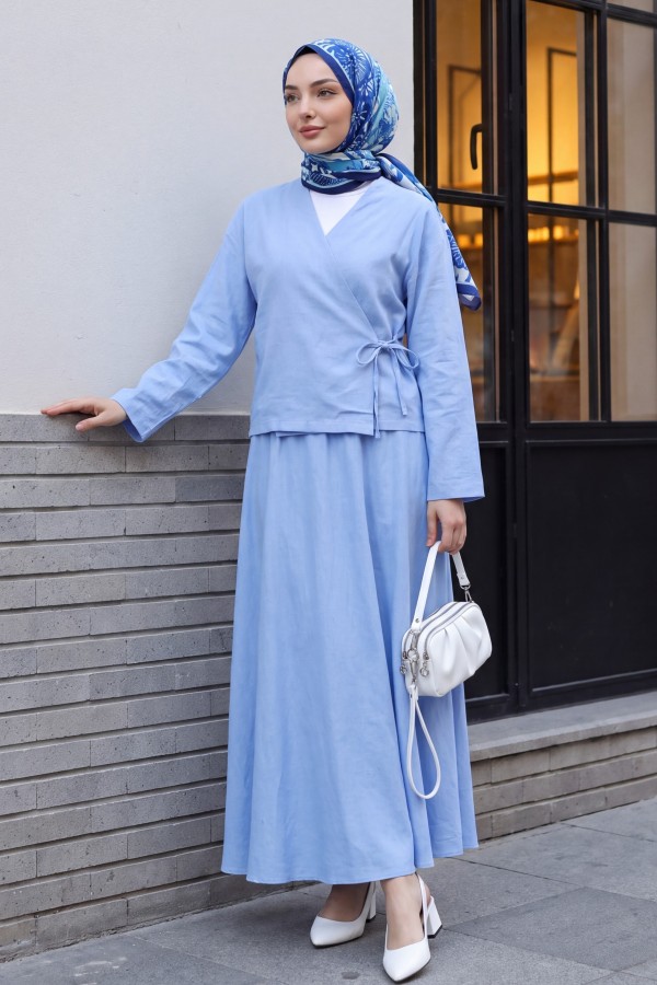 Linen Suit with Side Tie Skirt -Baby Blue