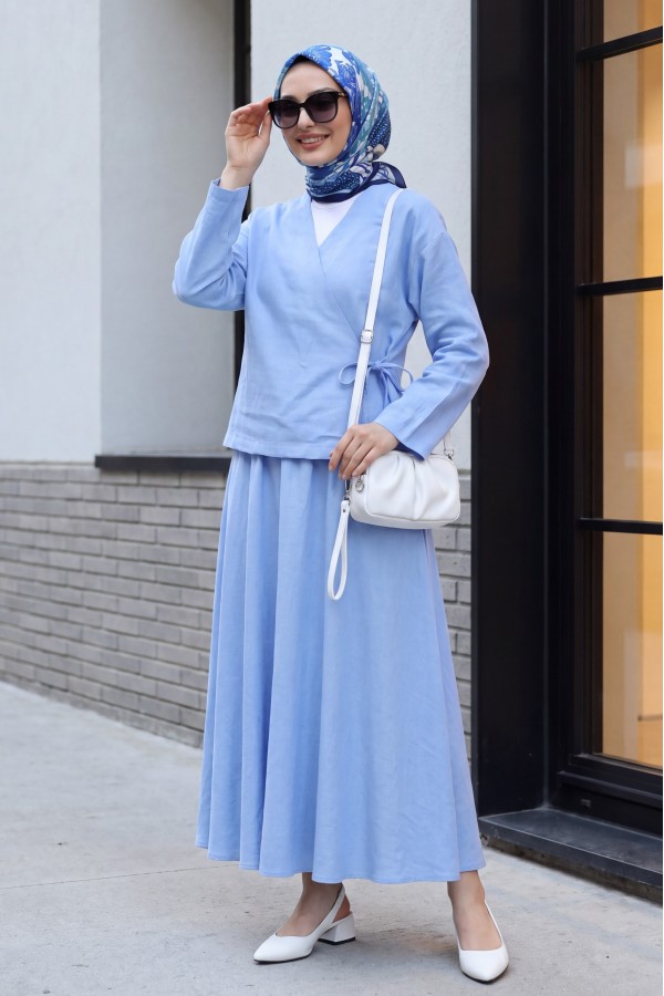 Linen Suit with Side Tie Skirt -Baby Blue