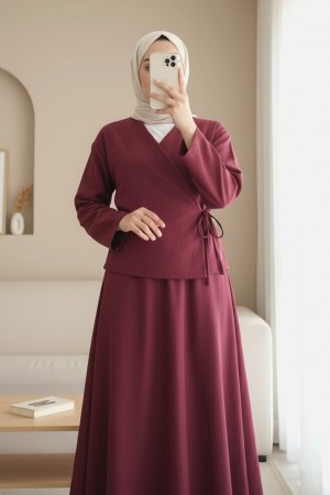 Linen Suit with Side Tie Skirt -Maroon
