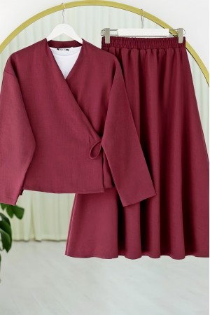 Linen Suit with Side Tie Skirt -Maroon
