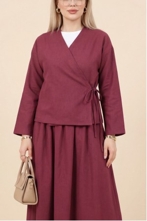 Linen Suit with Side Tie Skirt -Maroon
