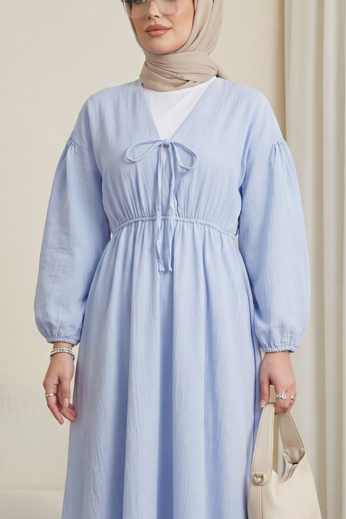 Muslin Dress with Elasticated Waist and Sleeves, Tied Collar -Baby Blue