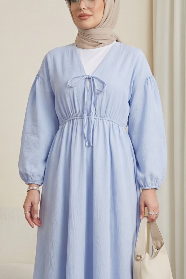 Muslin Dress with Elasticated Waist and Sleeves, Tied Collar -Baby Blue