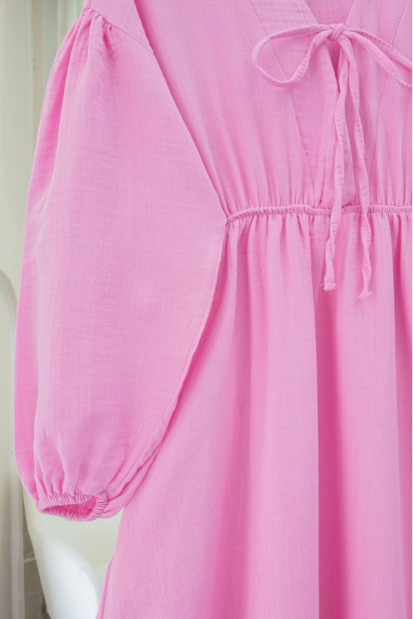 Muslin Dress with Elasticated Waist and Sleeves, Tied Collar -Pink