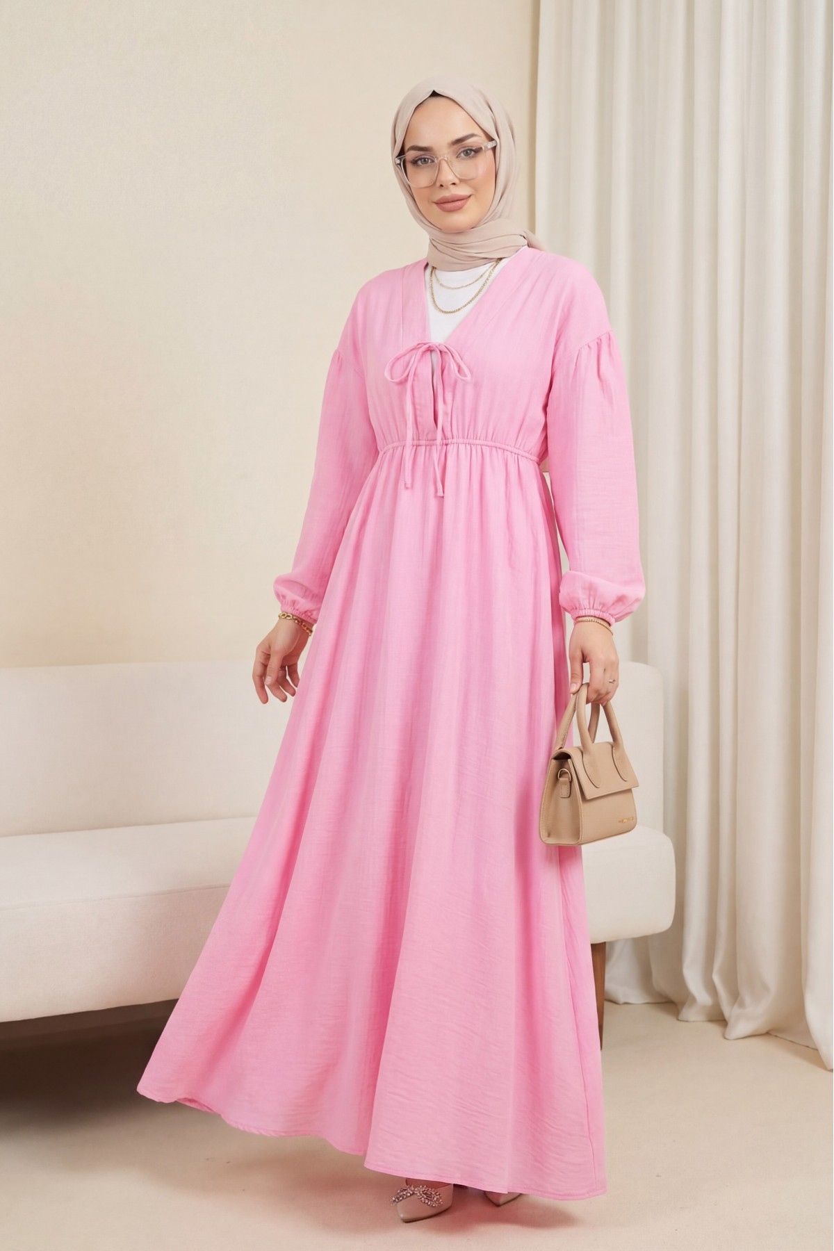 Muslin Dress with Elasticated Waist and Sleeves, Tied Collar -Pink