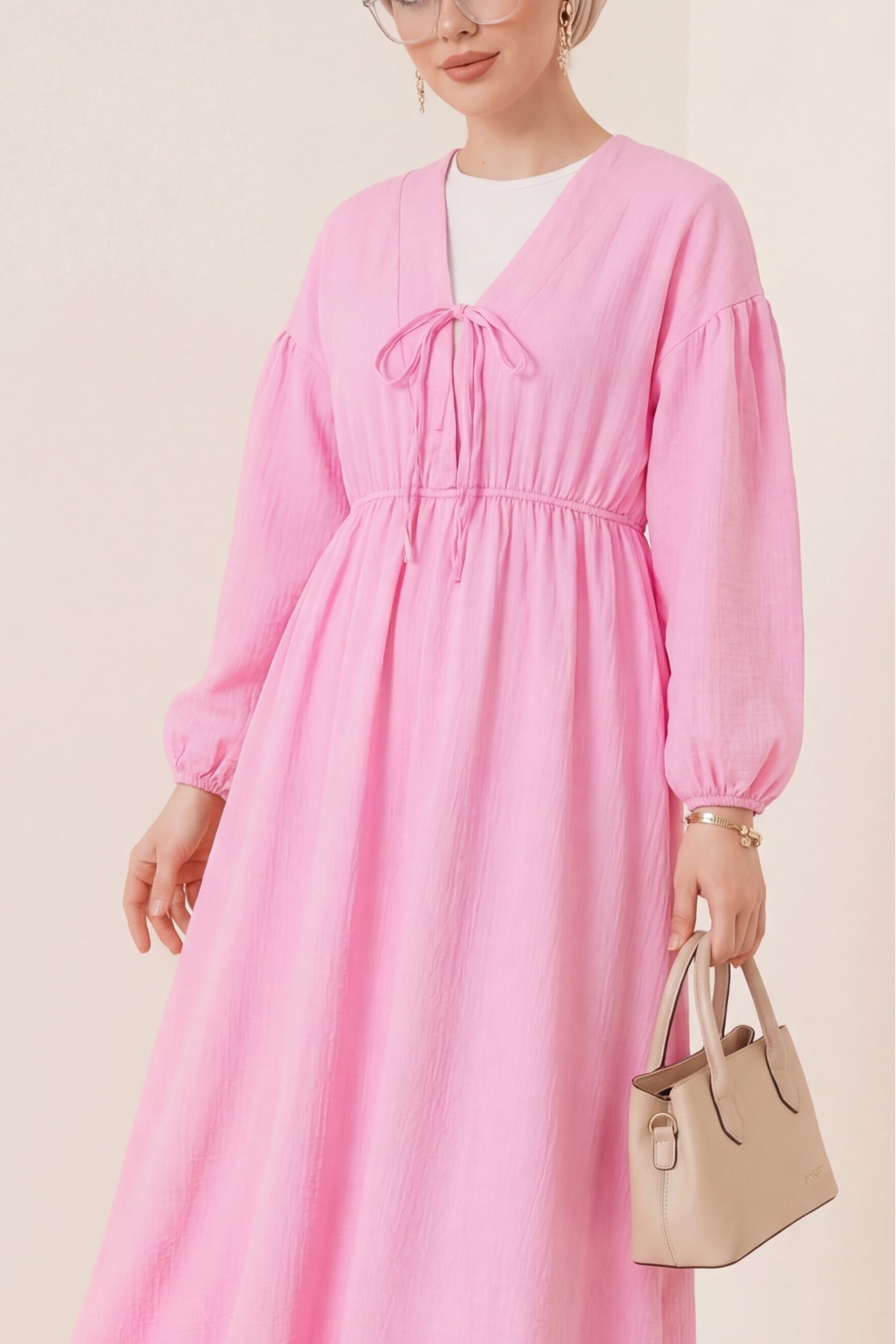 Muslin Dress with Elasticated Waist and Sleeves, Tied Collar -Pink
