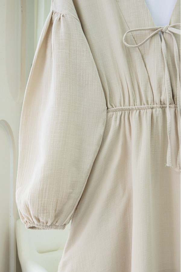 Muslin Dress with Elasticated Waist and Sleeves, Tied Collar -Stone