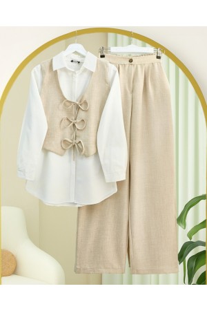 Önü Bağlamalı Yelek Pantolon İkili Takım  -Taş