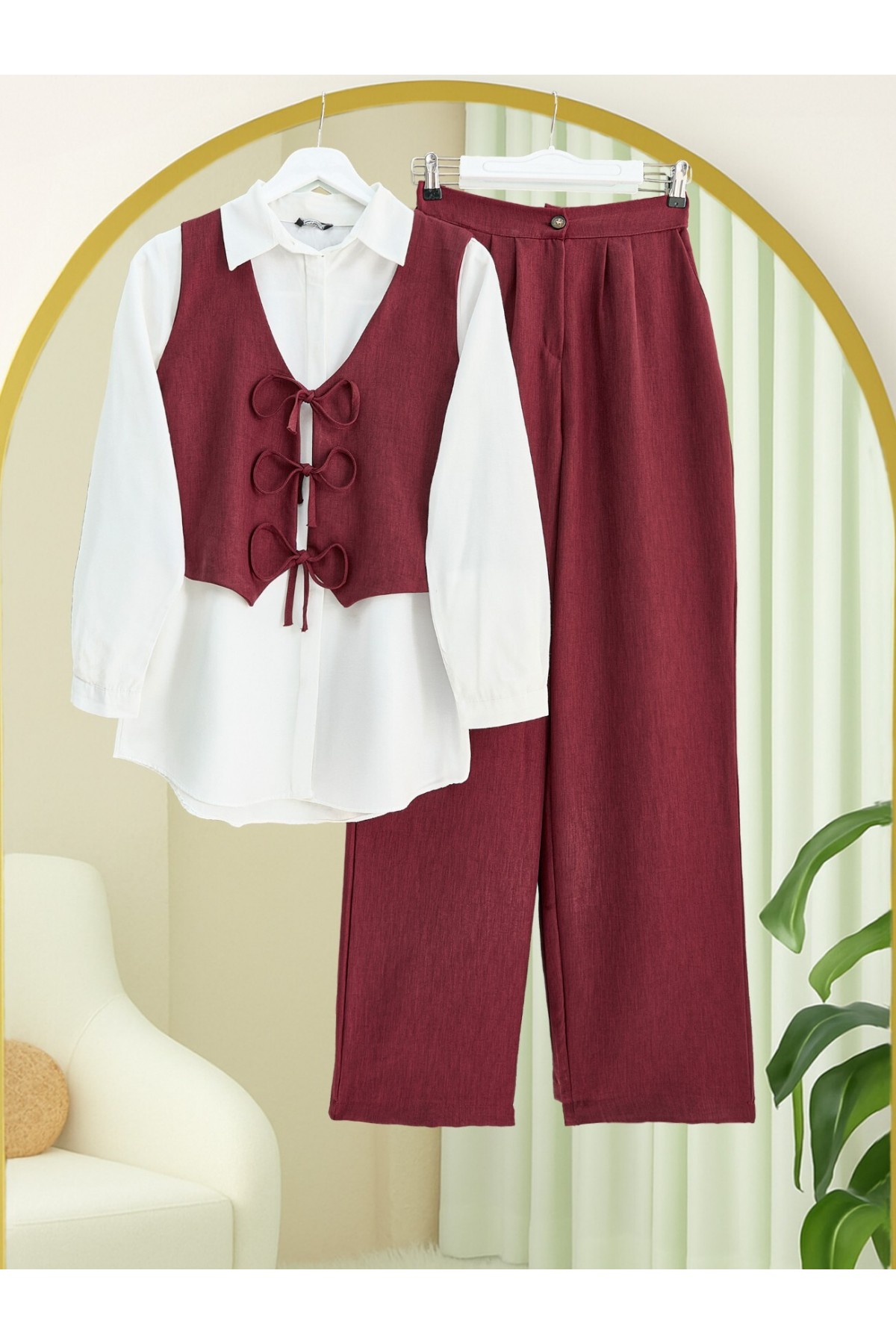 Front Tie Vest Trousers Two Piece Set   -Maroon