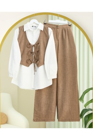 Önü Bağlamalı Yelek Pantolon İkili Takım   -Kahve