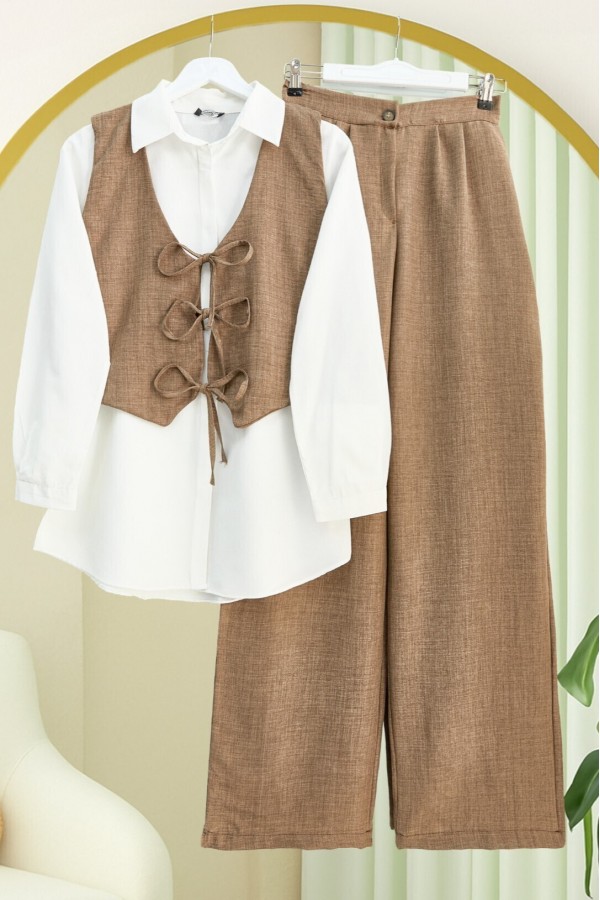 Front Tie Vest Trousers Two Piece Set   -Brown